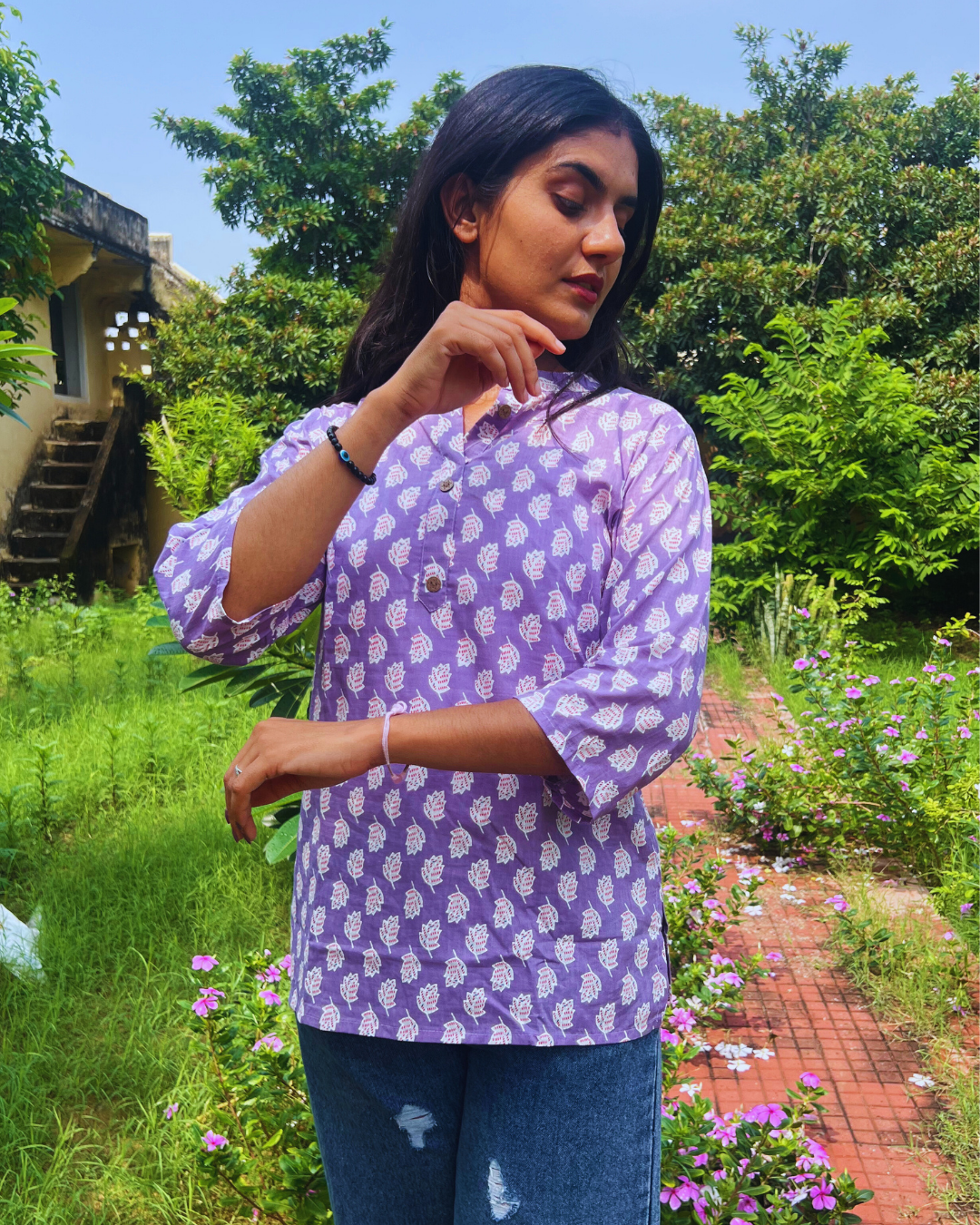 Shasya Lavender Block Print Short Kurti – Mandarin Collar