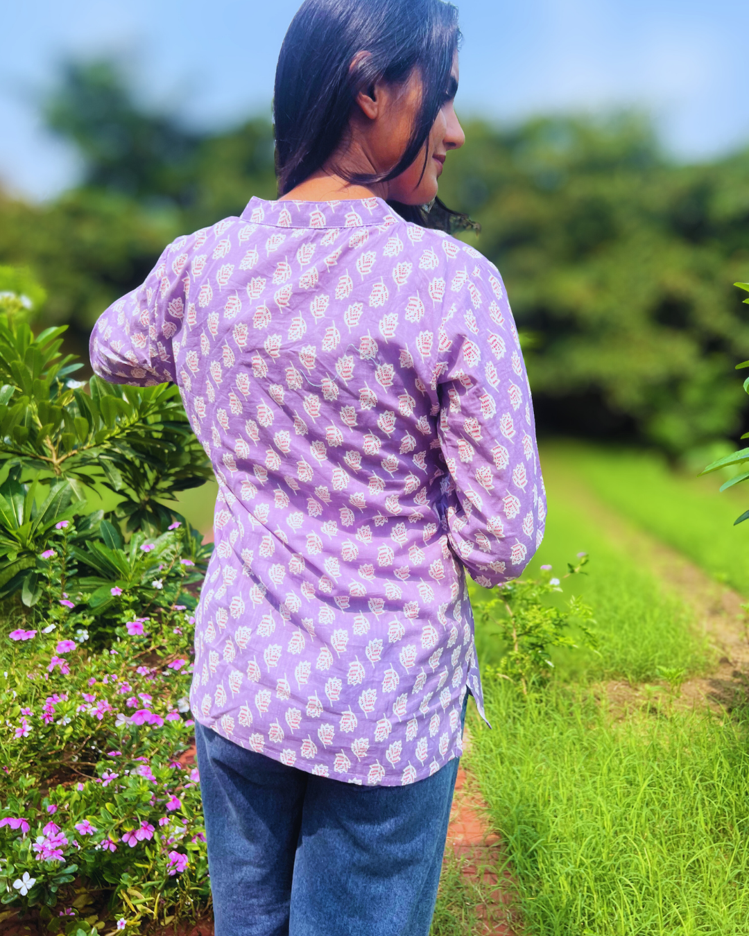 Shasya Lavender Block Print Short Kurti – Mandarin Collar