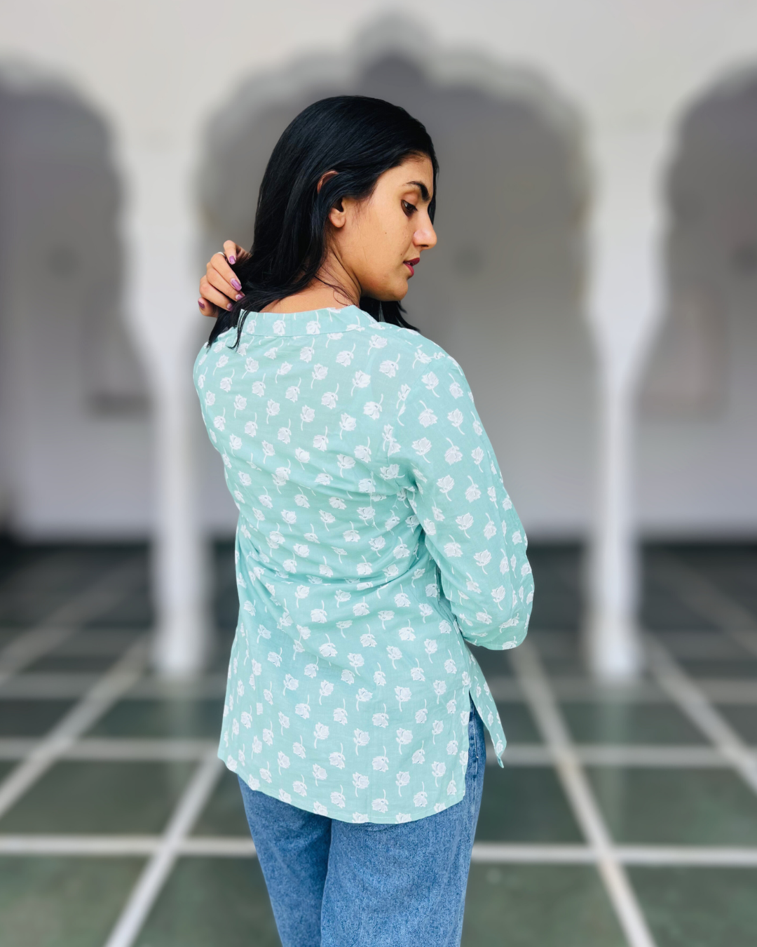 Milan Mandarin Collar Short Kurti – Mint Green