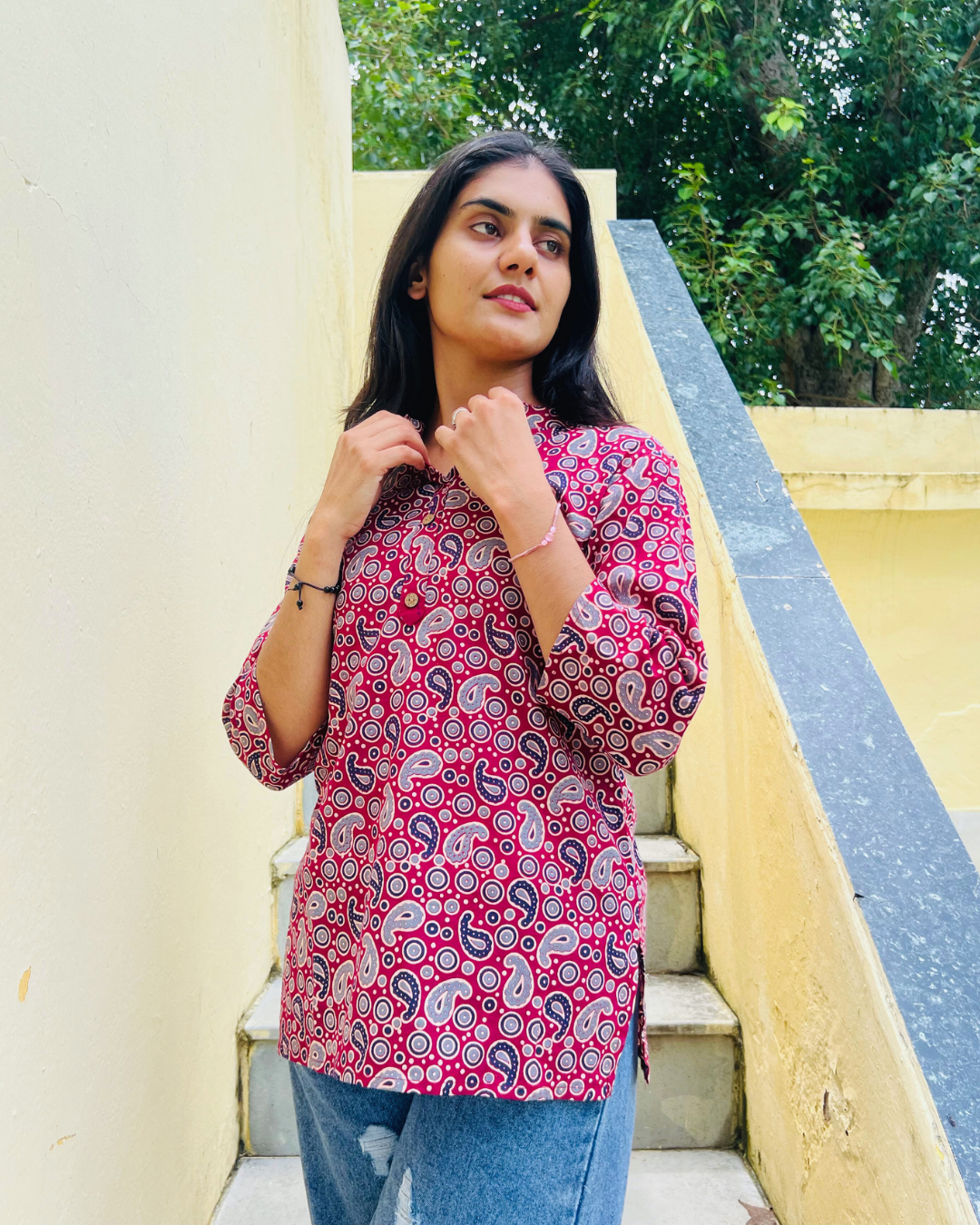 Lata Paisley Print Short Kurti – Wine Red