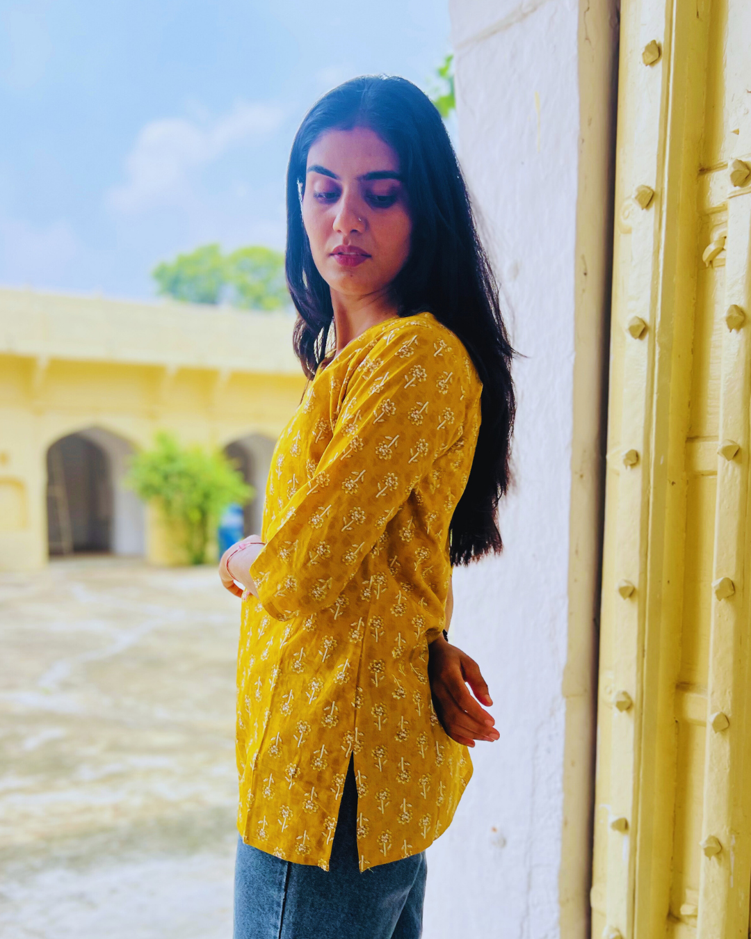 Anaya V-Neck Short Kurti – Mustard Yellow