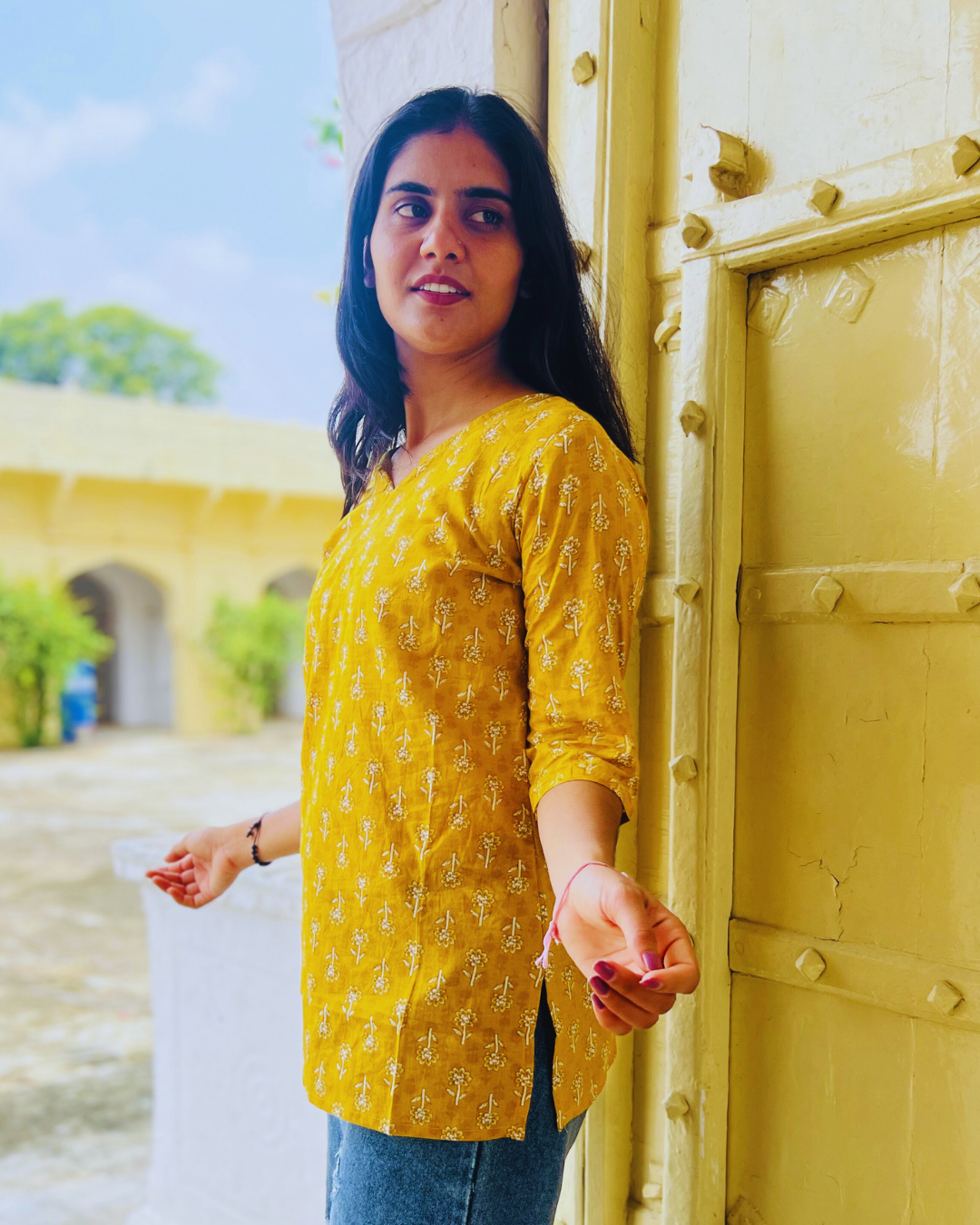 Anaya V-Neck Short Kurti – Mustard Yellow