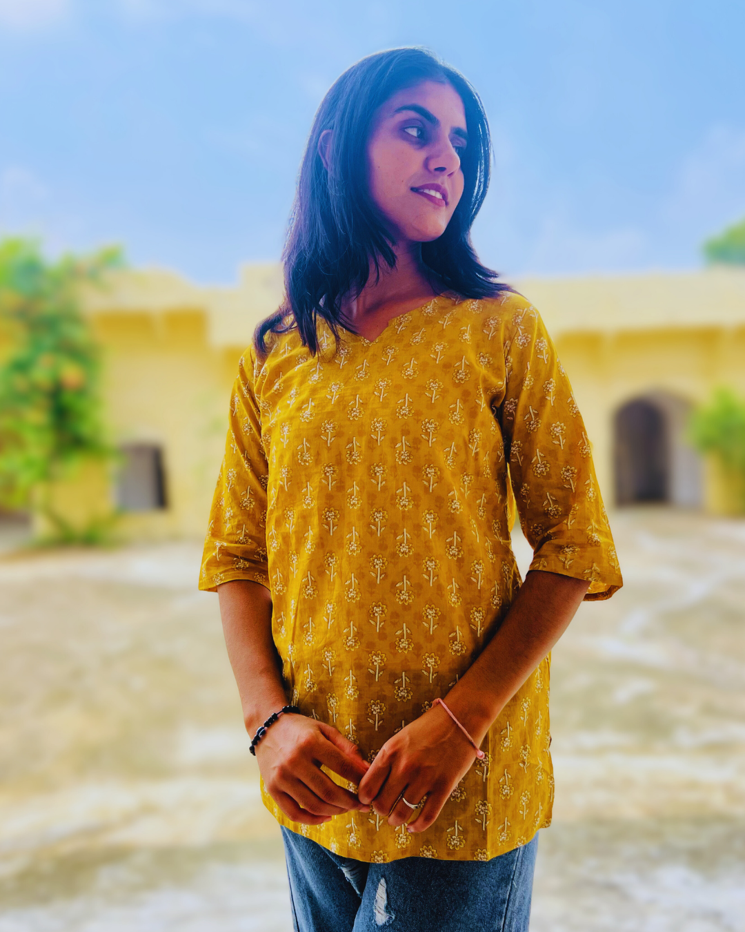 Anaya V-Neck Short Kurti – Mustard Yellow