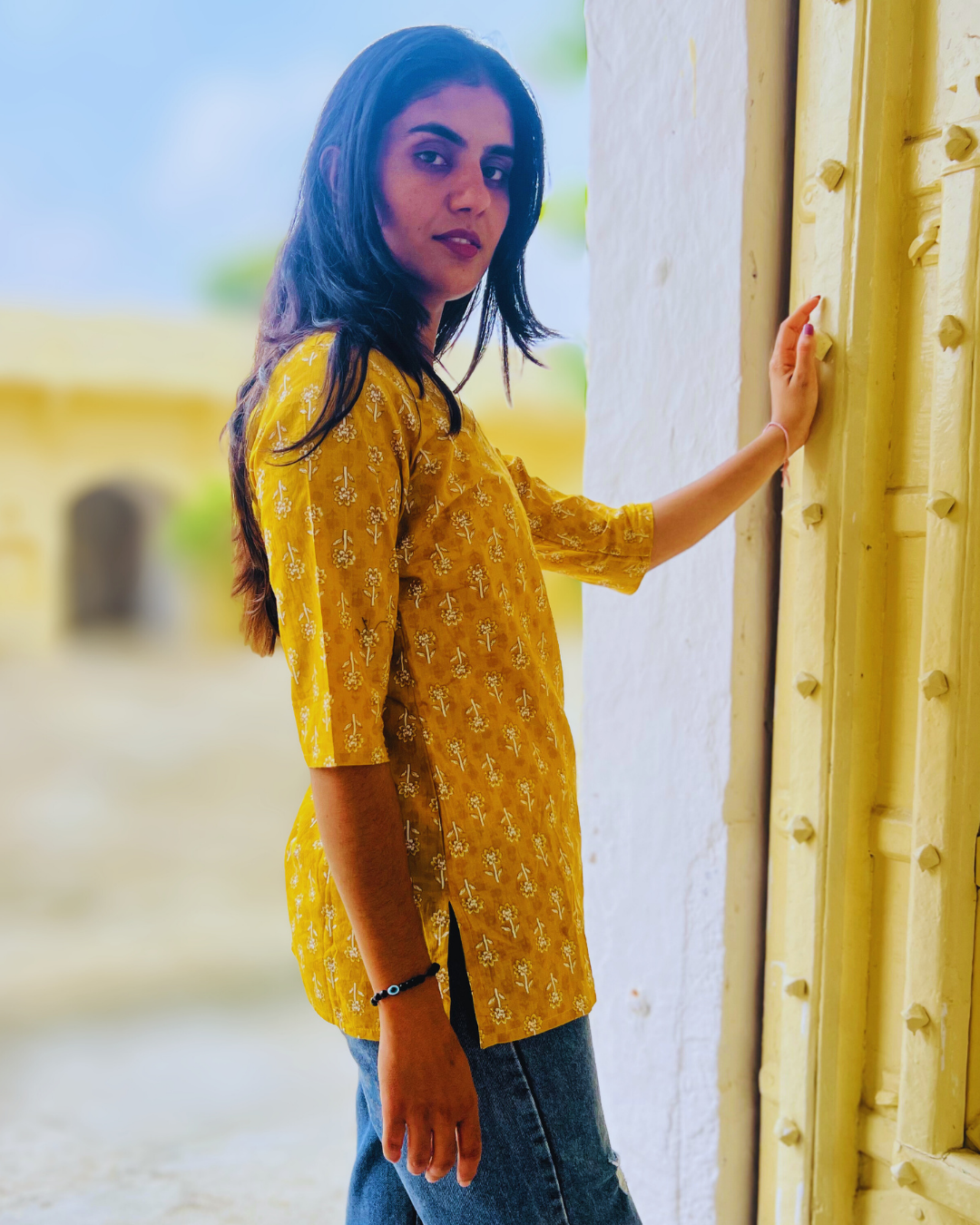 Anaya V-Neck Short Kurti – Mustard Yellow