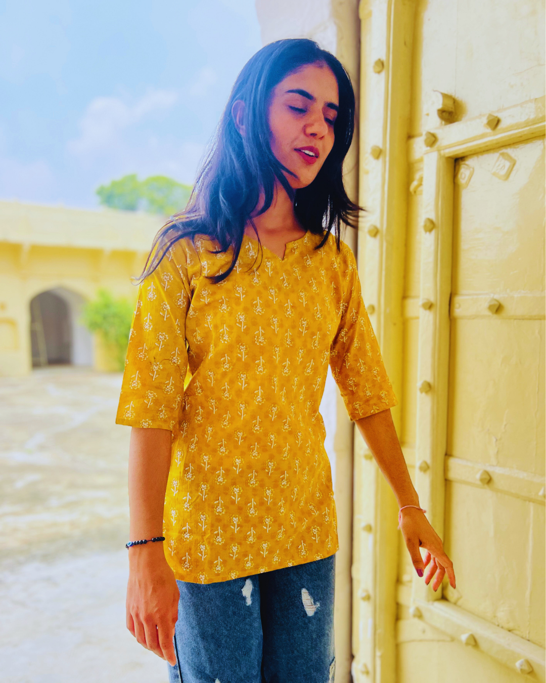 Anaya V-Neck Short Kurti – Mustard Yellow