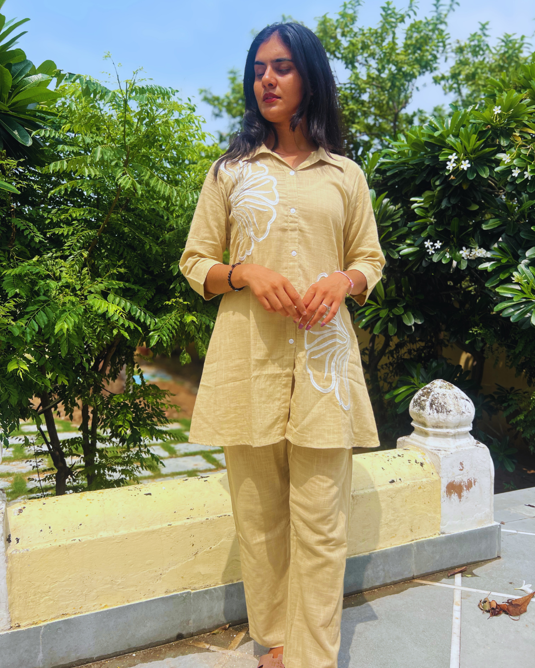 Aarvi Beige Cotton Cord-Set – Floral Touch
