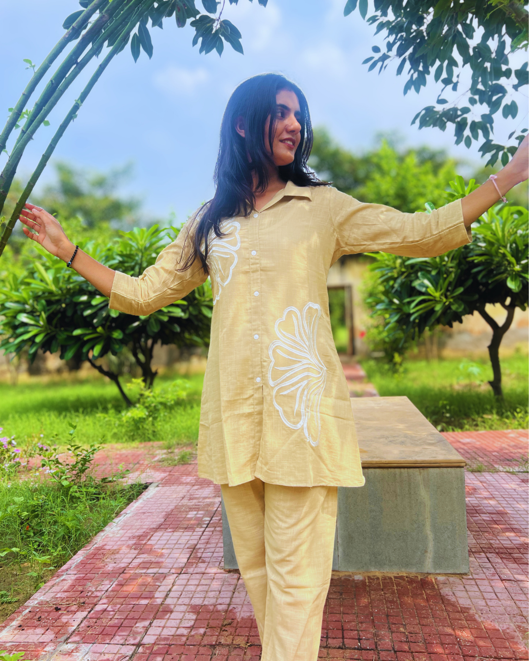 Aarvi Beige Cotton Cord-Set – Floral Touch