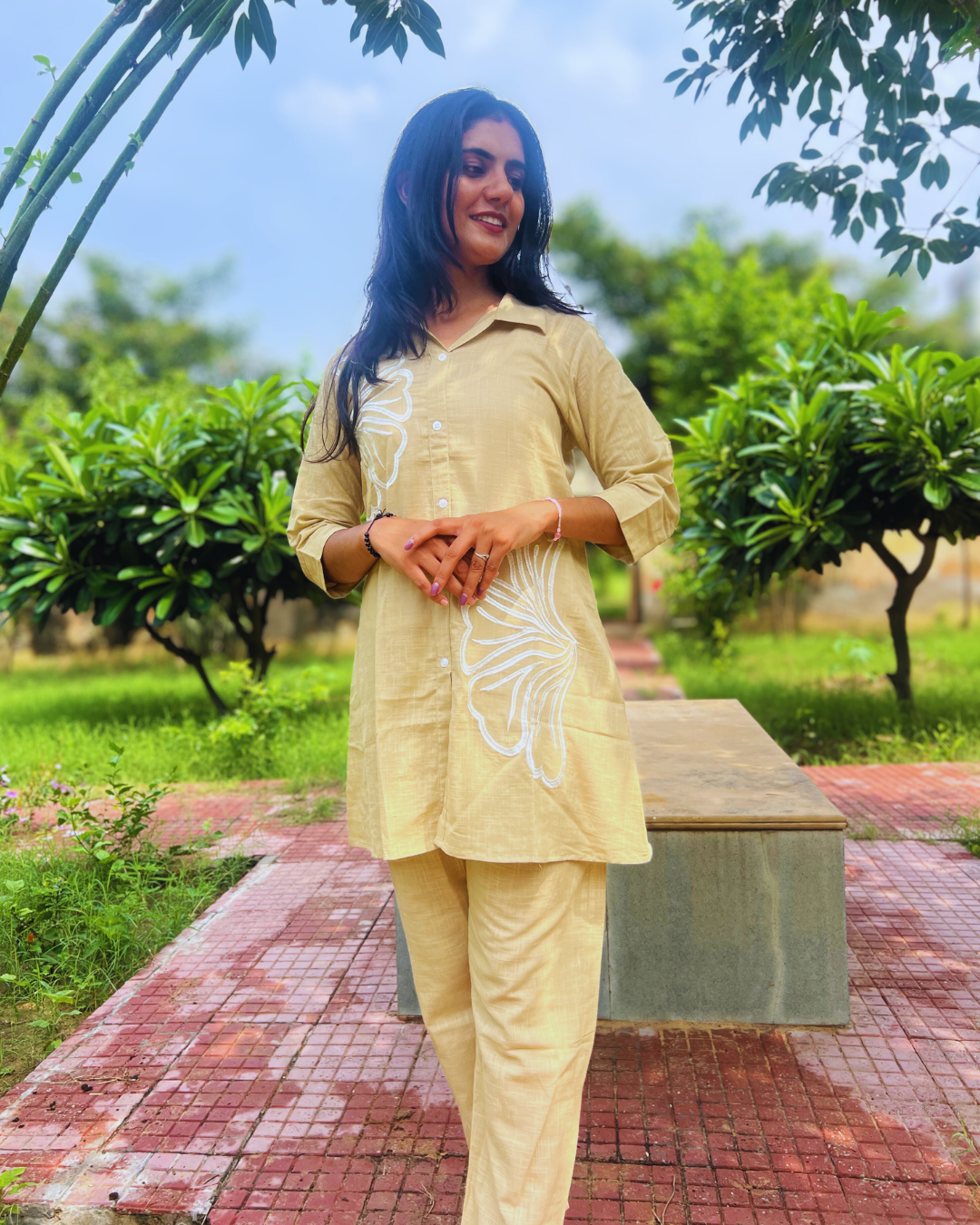 Aarvi Beige Cotton Cord-Set – Floral Touch