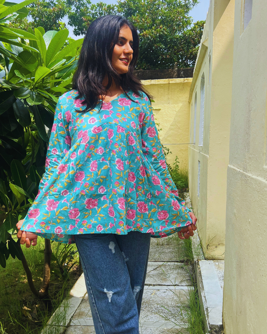 Zyra Floral Comfort Peplum Top - V Neck