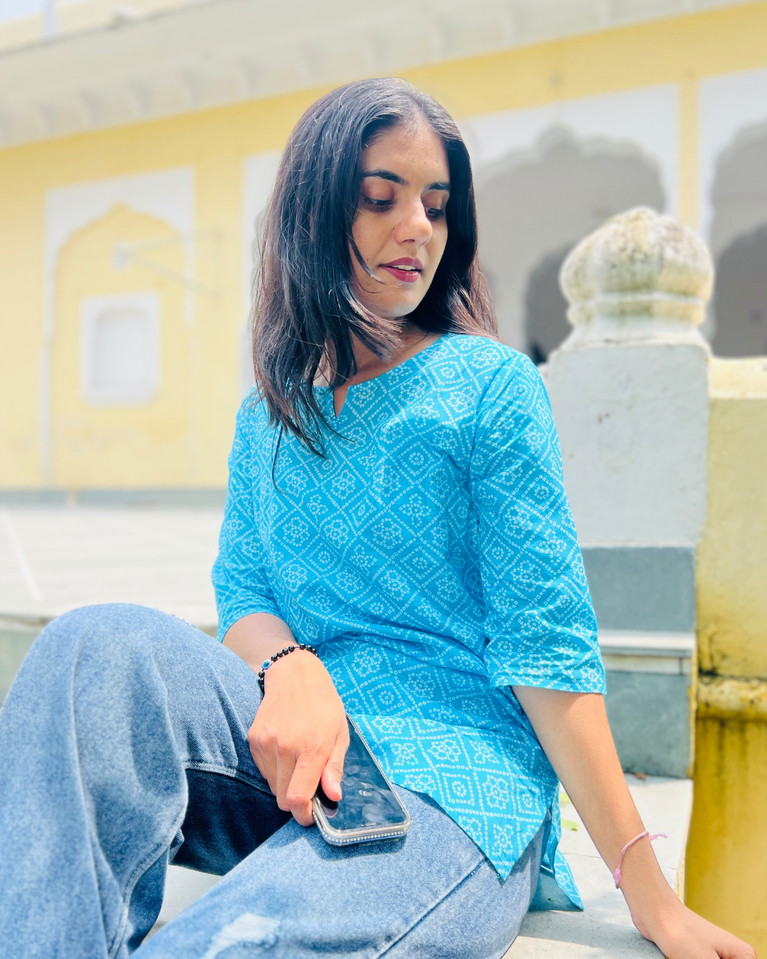 Siya Printed Short Kurti – Sky Blue