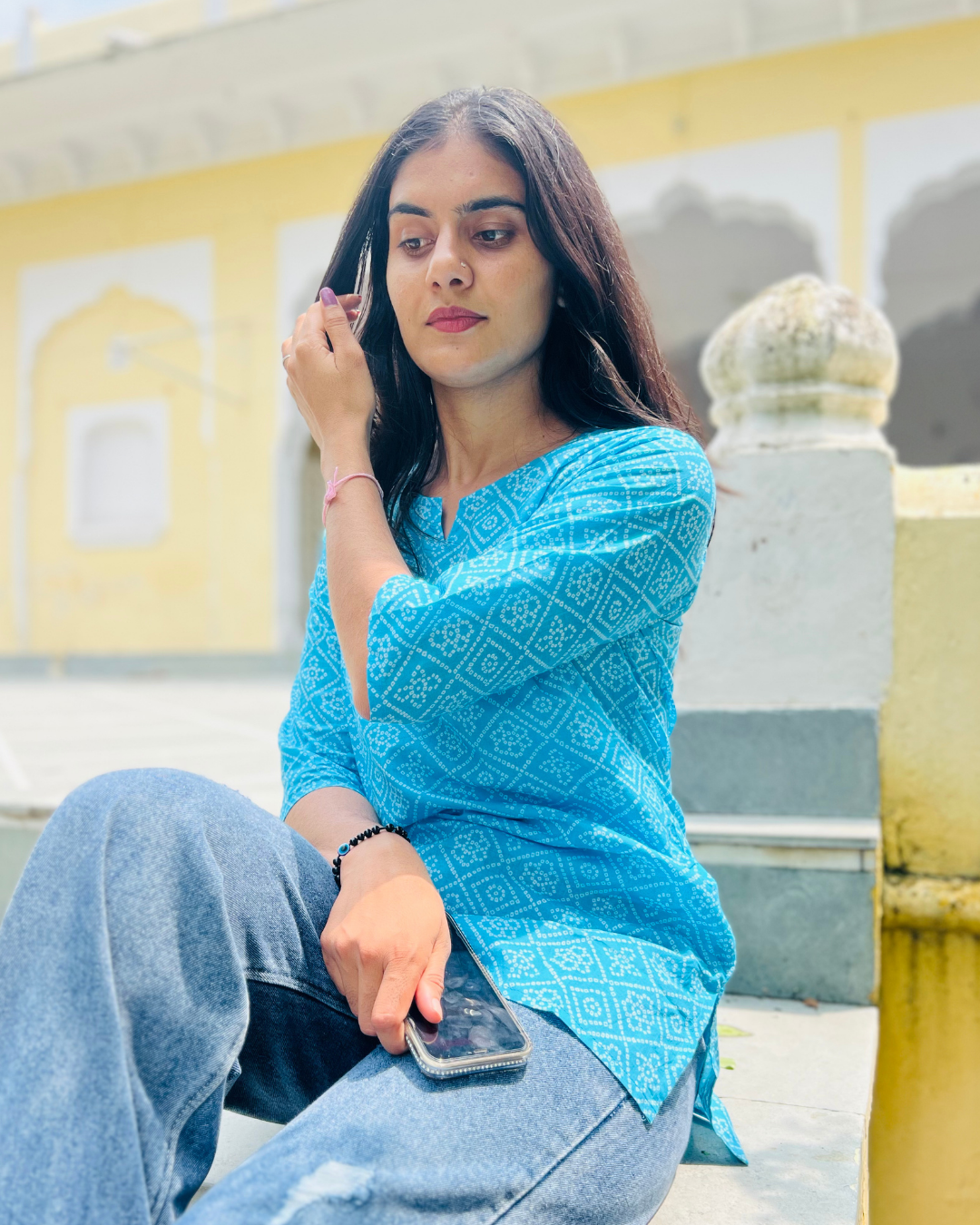 Siya Printed Short Kurti – Sky Blue
