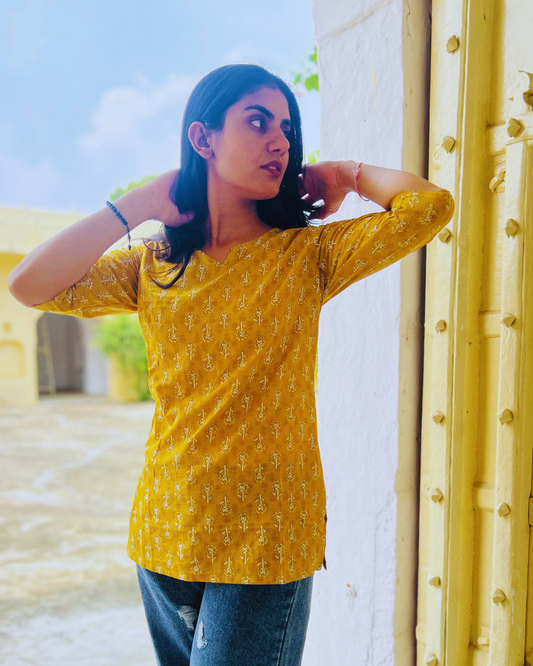 Anaya V-Neck Short Kurti – Mustard Yellow