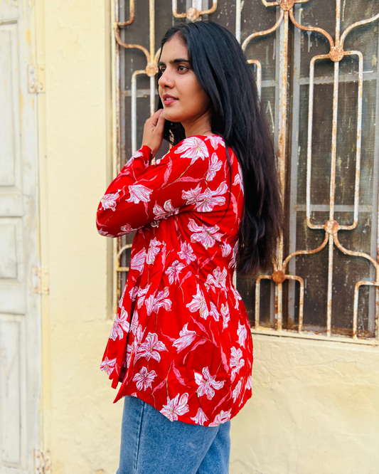 Ira V-Neck Short Kurti – Red Floral