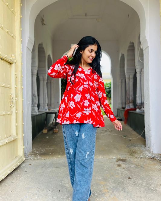 Ira V-Neck Short Kurti – Red Floral