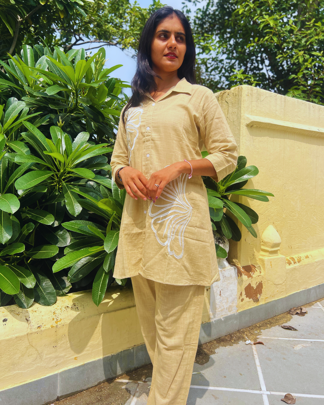 Aarvi Beige Cotton Cord-Set – Floral Touch