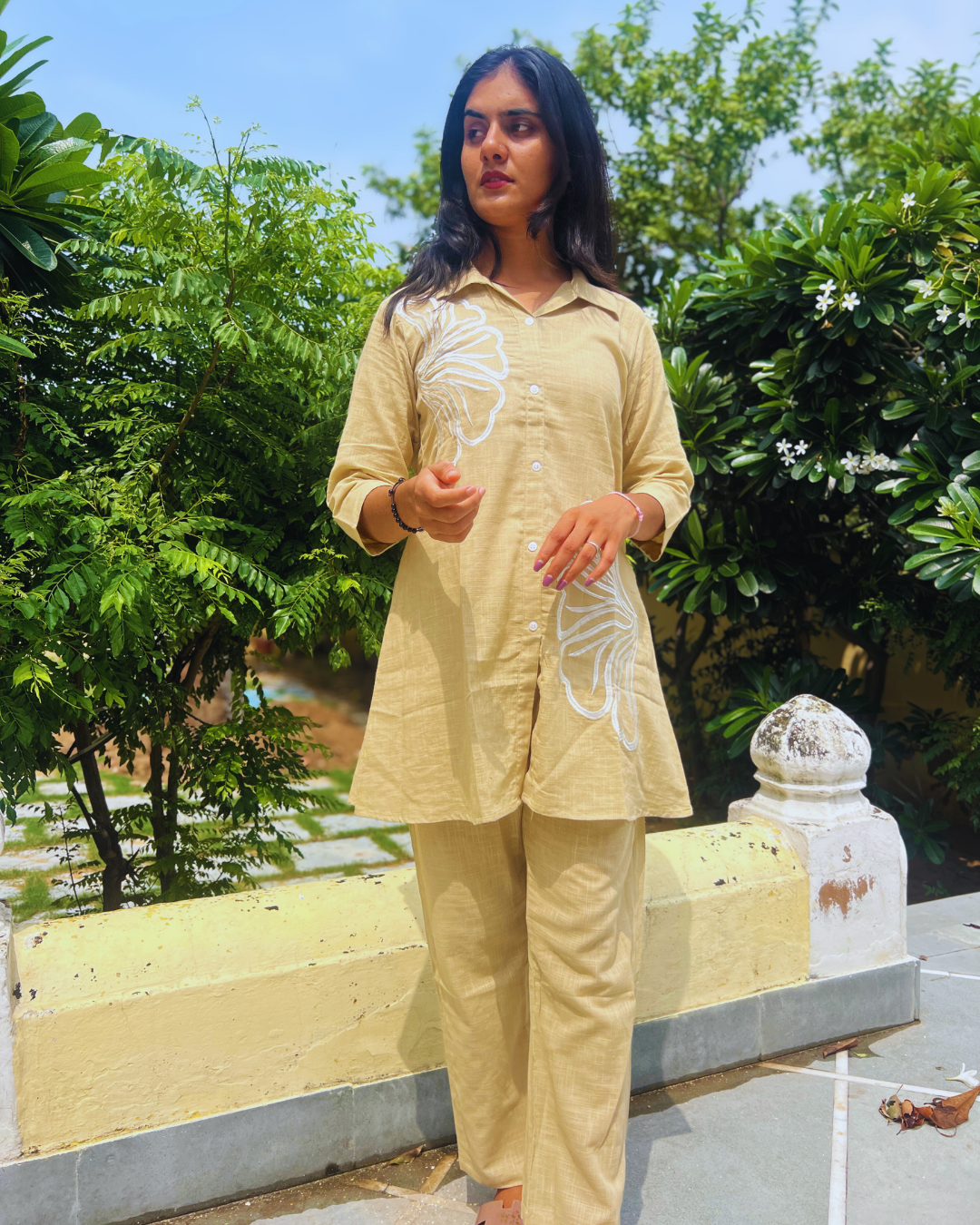 Aarvi Beige Cotton Cord-Set – Floral Touch