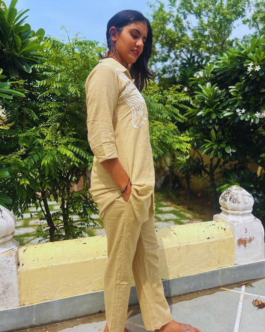 Aarvi Beige Cotton Cord-Set – Floral Touch
