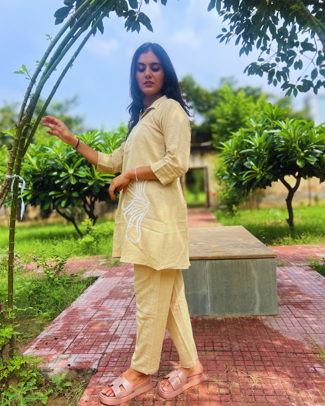 Aarvi Beige Cotton Cord-Set – Floral Touch