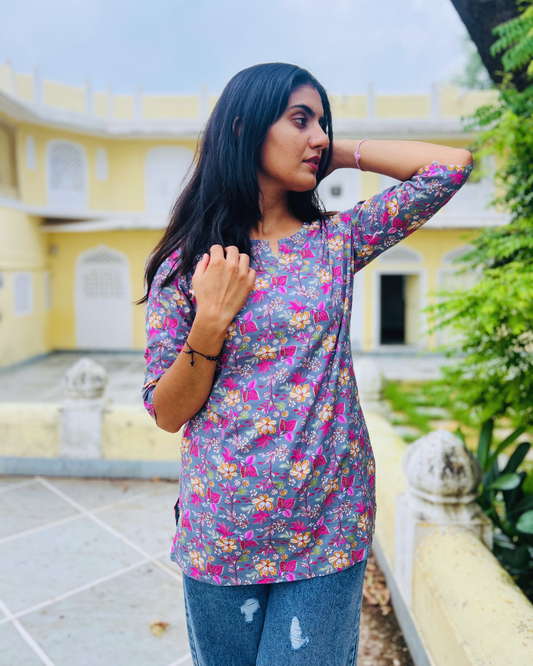 Aarvi Floral Kurti – Grey