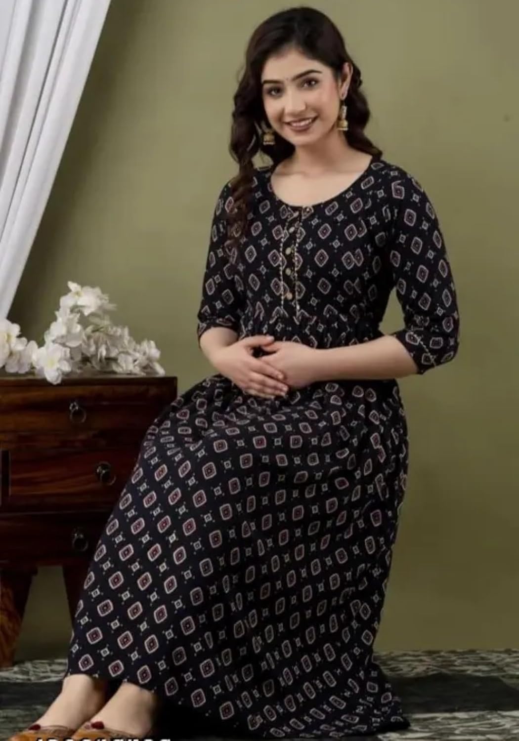 Women's Cotton 3/4 Sleeve Round Neck Breathable Comfortable Pregnancy Maternity Gown Baby Feeding Kurta