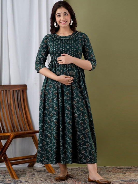Kunal Enterprises Women's Cotton Floral Printed Maternity Feeding DressKurti with Zipper Maternity Gown for Women Feeding Dress