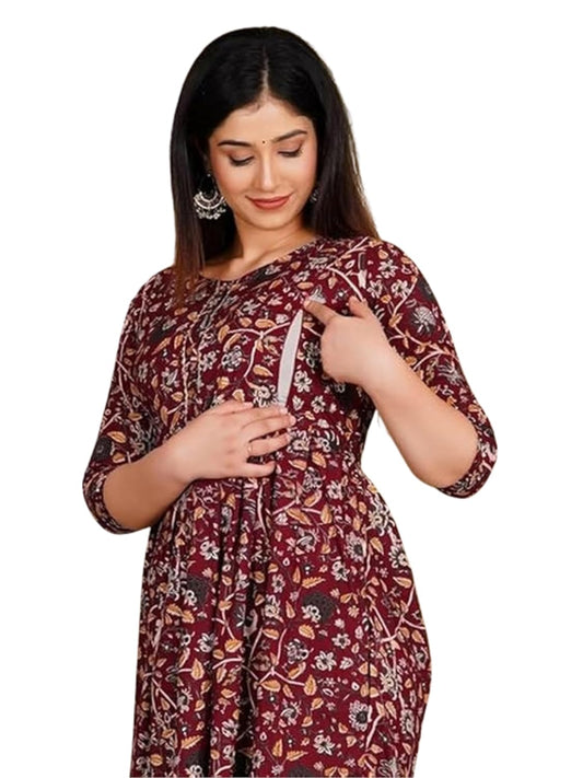 Feemel Cotton Maternity Kurti, Green Floral Print, M Size, with Feeding Chains