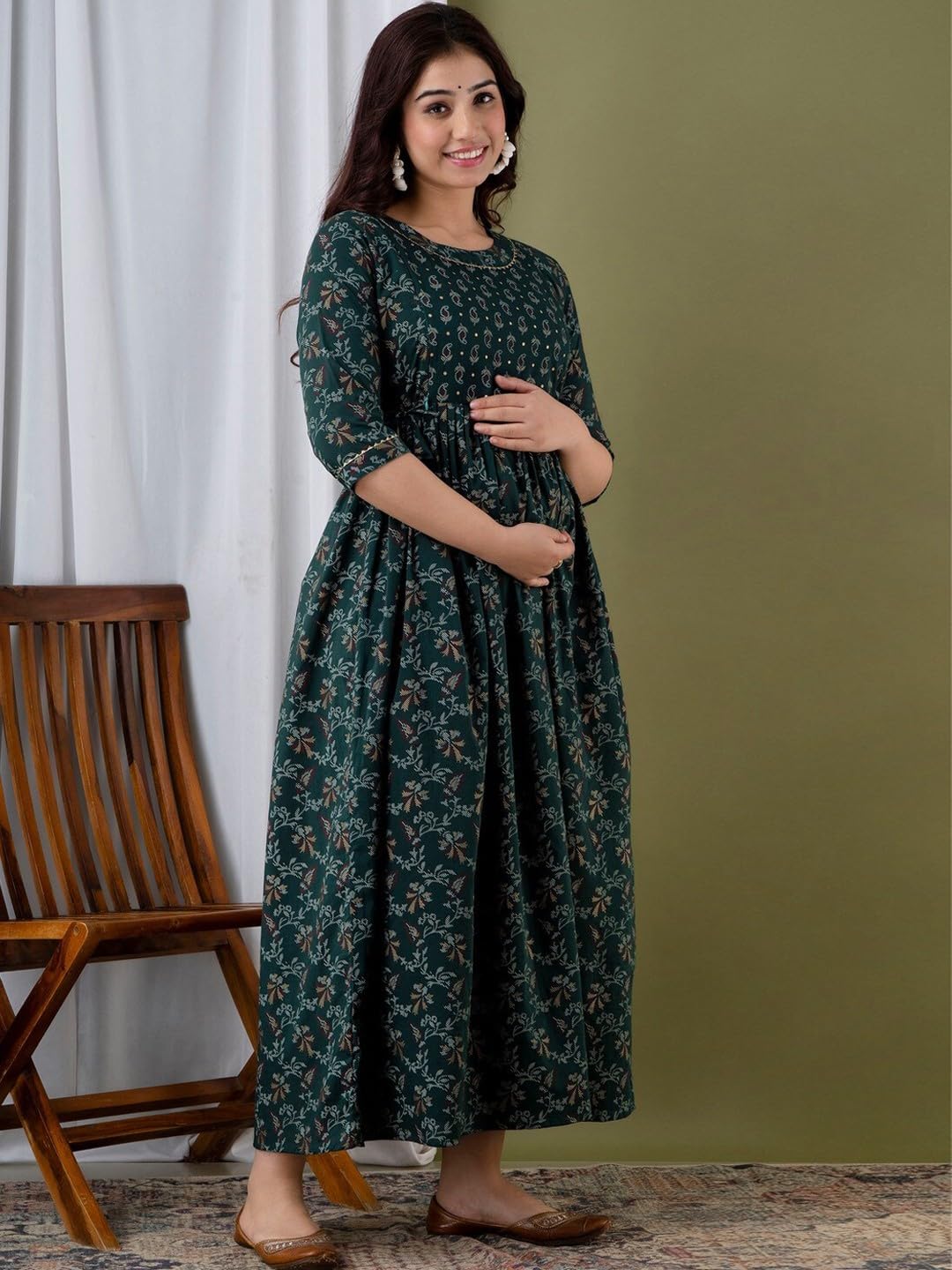 Kunal Enterprises Women's Cotton Floral Printed Maternity Feeding DressKurti with Zipper Maternity Gown for Women Feeding Dress
