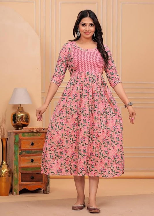 Chitranshi Women's Pure Cotton Floral Printed Both Side Invisible Vertical Zipper Feeding Kurti | All Over Print Maternity Gown