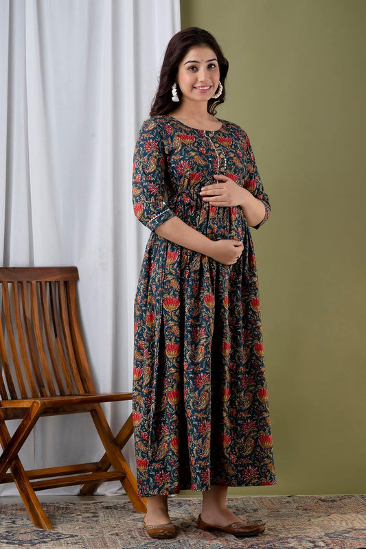 JAIPURFAME Stylish Women's Pure Cotton All Over Printed Kurti Gown, Maternity Dress, and Feeding Dress – Comfortable and Elegant Maternity Wear for Women