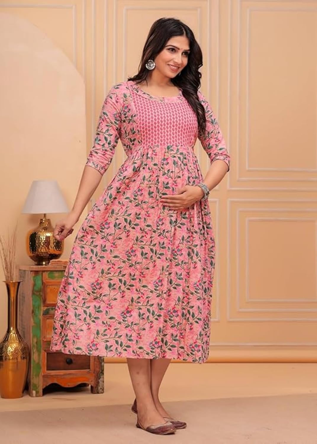 Chitranshi Women's Pure Cotton Floral Printed Both Side Invisible Vertical Zipper Feeding Kurti | All Over Print Maternity Gown