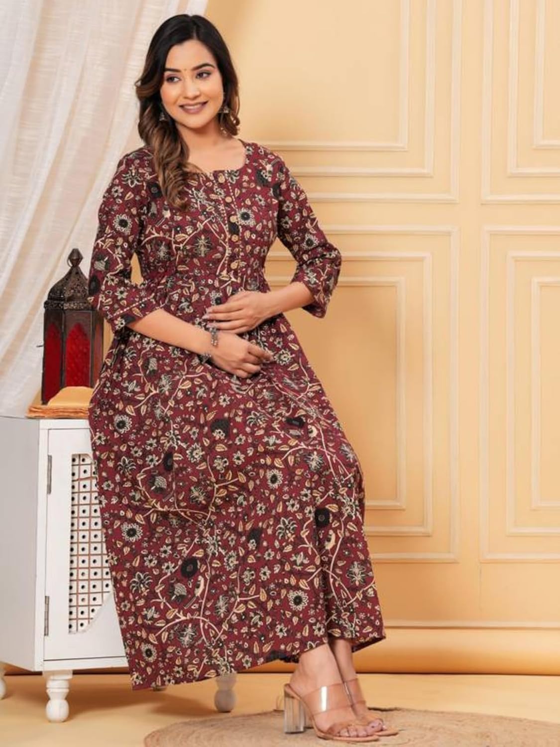 Feemel Cotton Maternity Kurti, Green Floral Print, M Size, with Feeding Chains