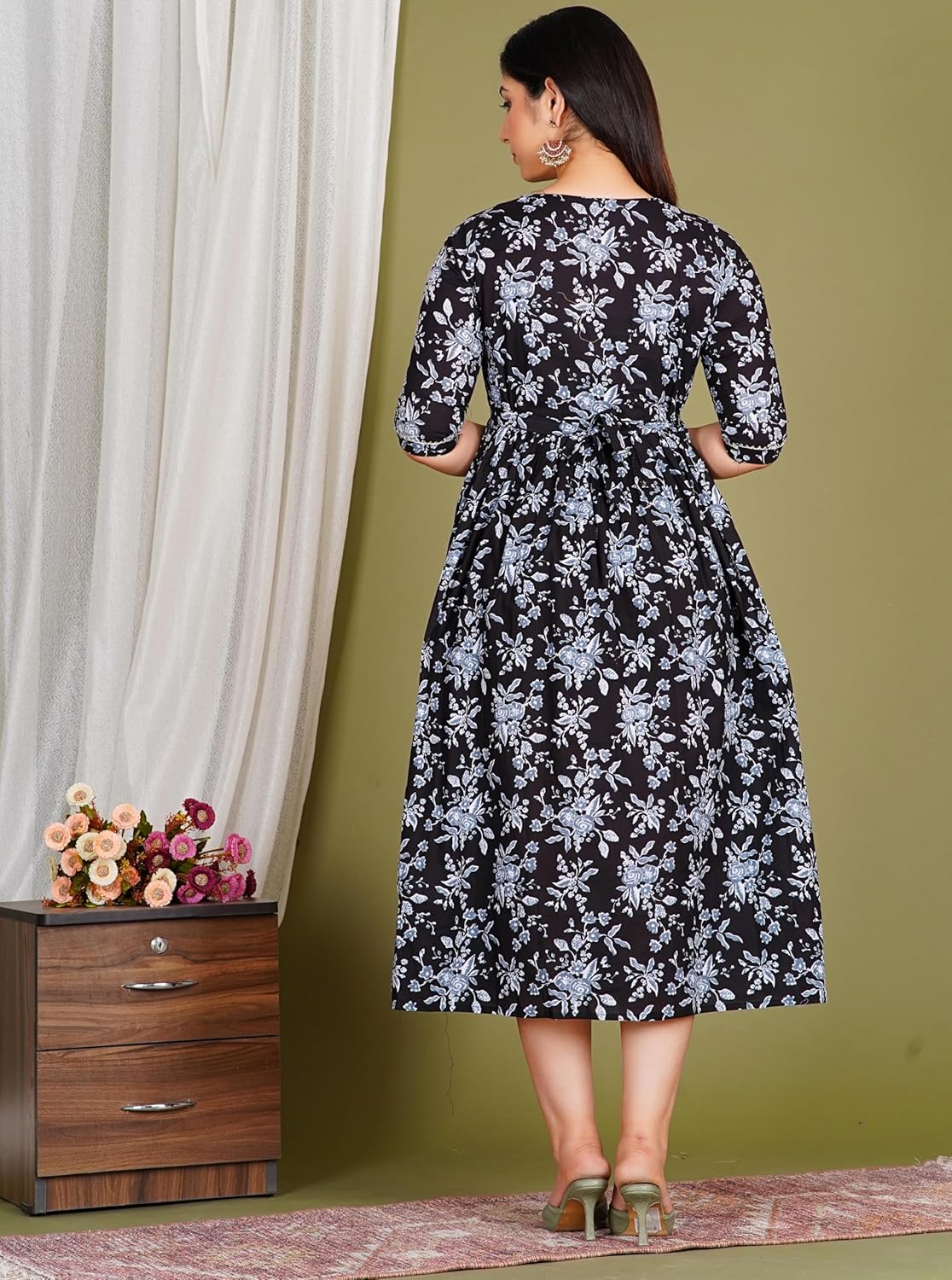 Women's Cotton Long A-Line Maternity Kurti/Anarkali Dress with Zipper, Feeding Kurti for Pre and Post Pregnancy
