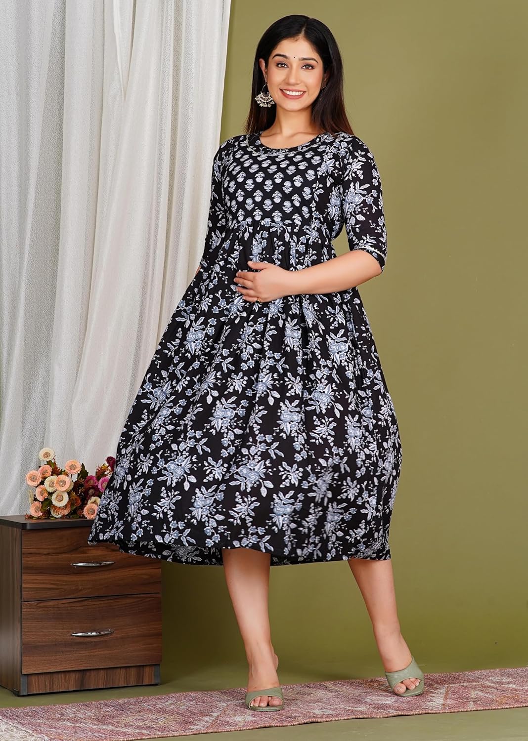 Women's Cotton Long A-Line Maternity Kurti/Anarkali Dress with Zipper, Feeding Kurti for Pre and Post Pregnancy