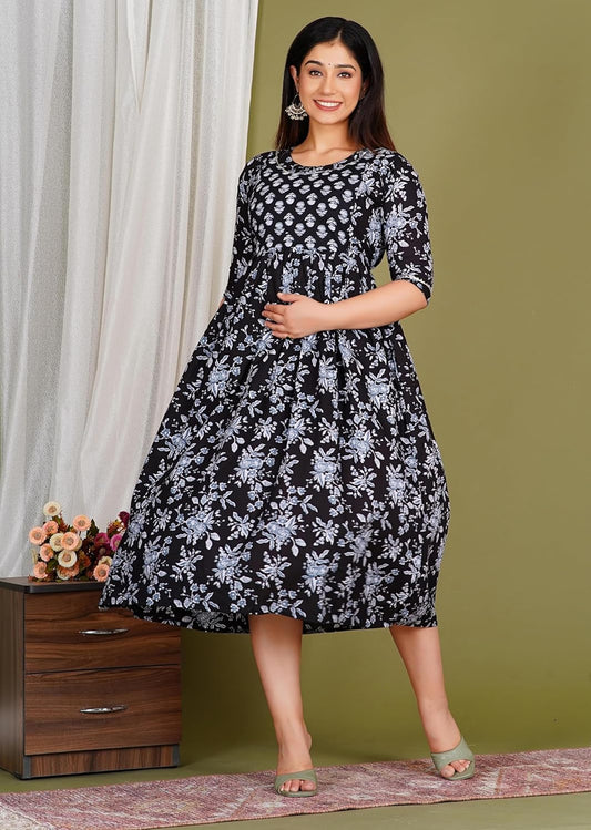 Women's Cotton Long A-Line Maternity Kurti/Anarkali Dress with Zipper, Feeding Kurti for Pre and Post Pregnancy