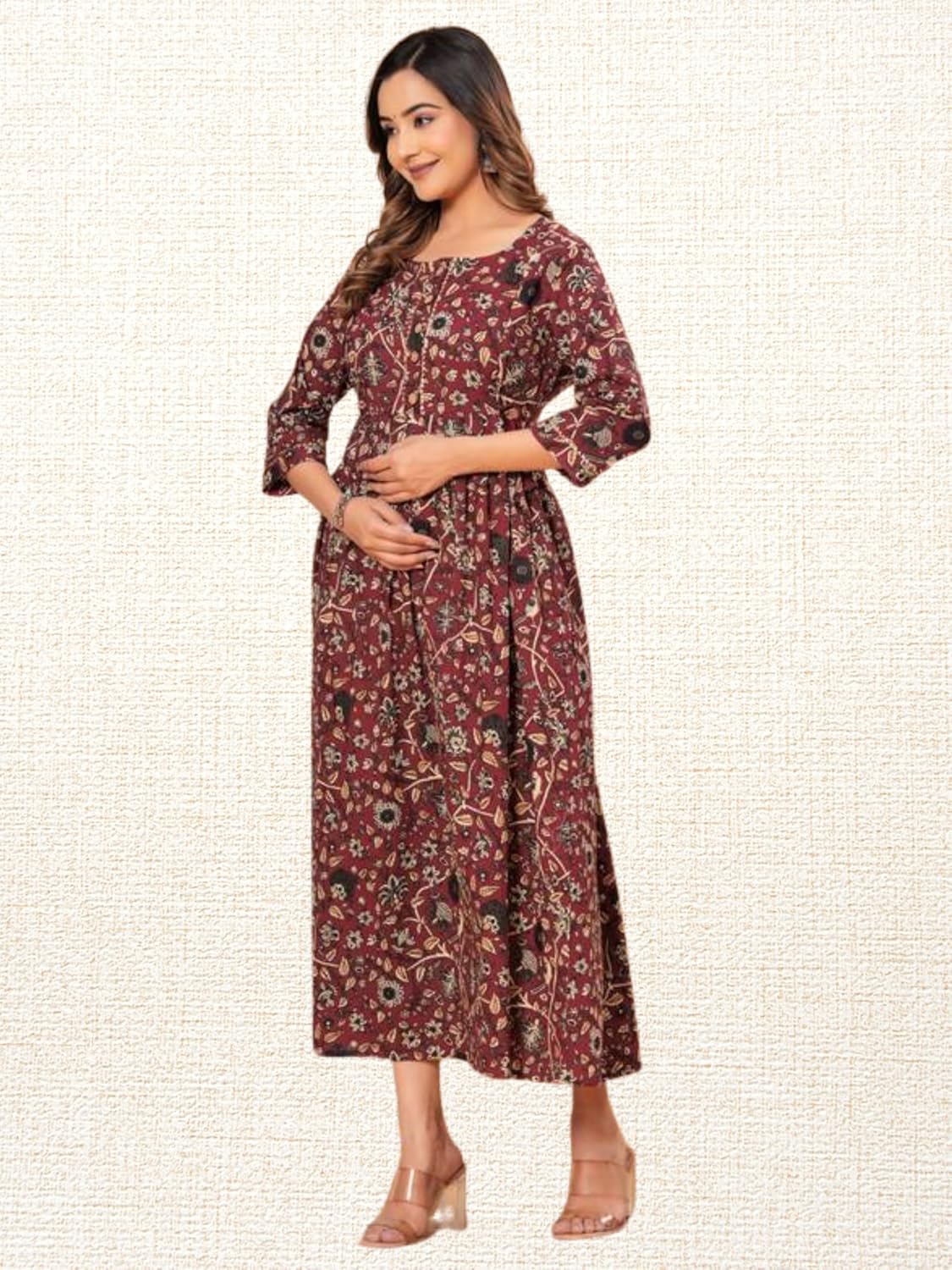 Feemel Cotton Maternity Kurti, Green Floral Print, M Size, with Feeding Chains