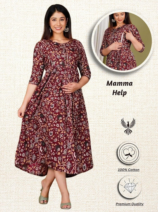 Feemel Cotton Maternity Kurti, Green Floral Print, M Size, with Feeding Chains