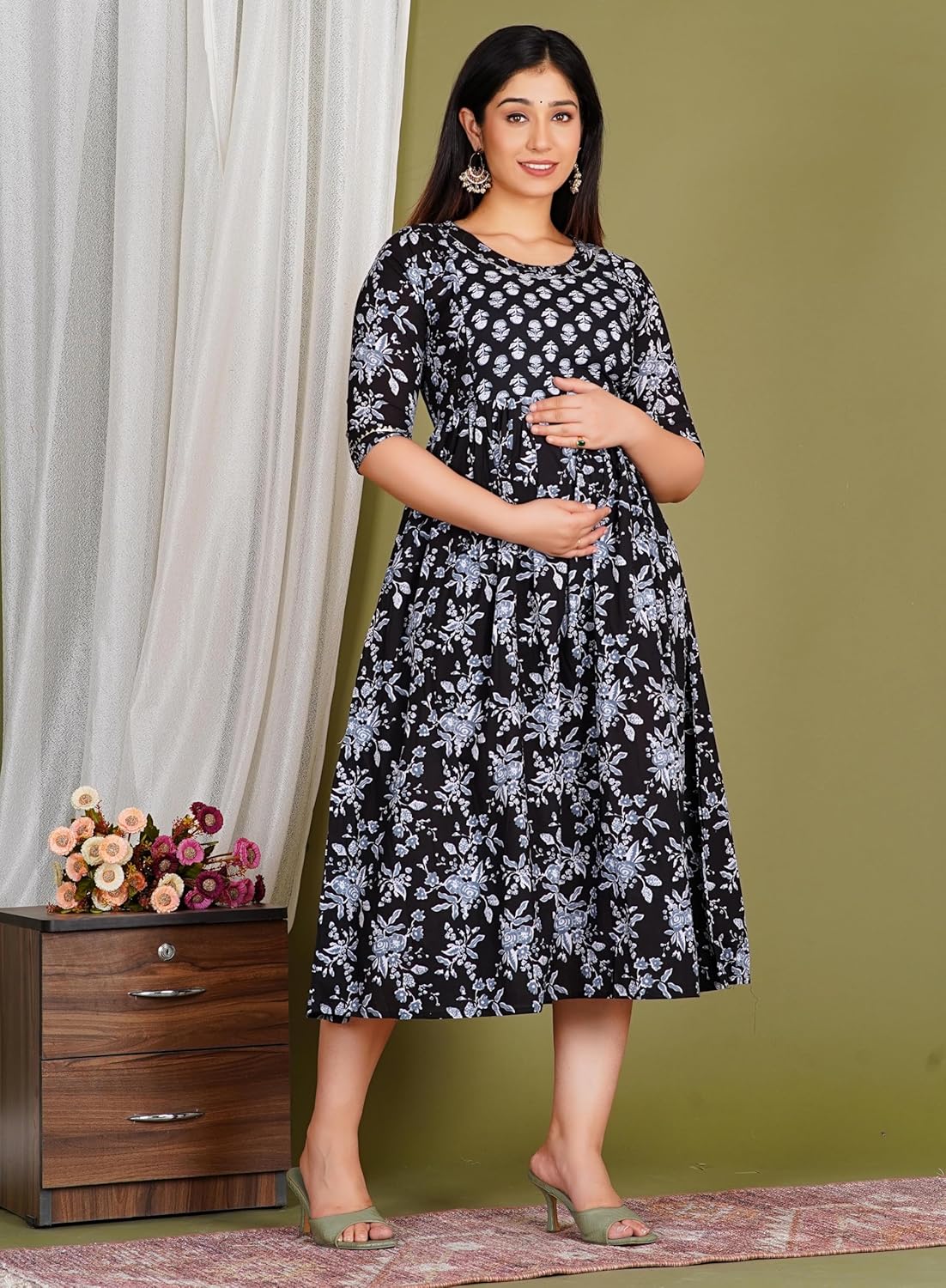 Women's Cotton Long A-Line Maternity Kurti/Anarkali Dress with Zipper, Feeding Kurti for Pre and Post Pregnancy