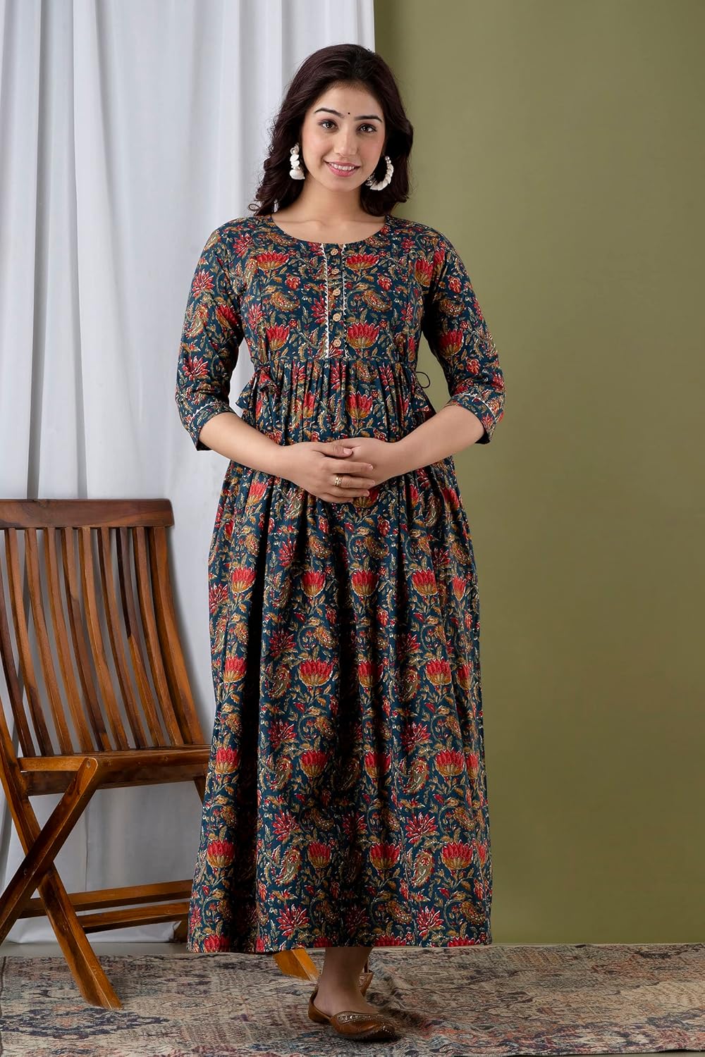JAIPURFAME Stylish Women's Pure Cotton All Over Printed Kurti Gown, Maternity Dress, and Feeding Dress – Comfortable and Elegant Maternity Wear for Women