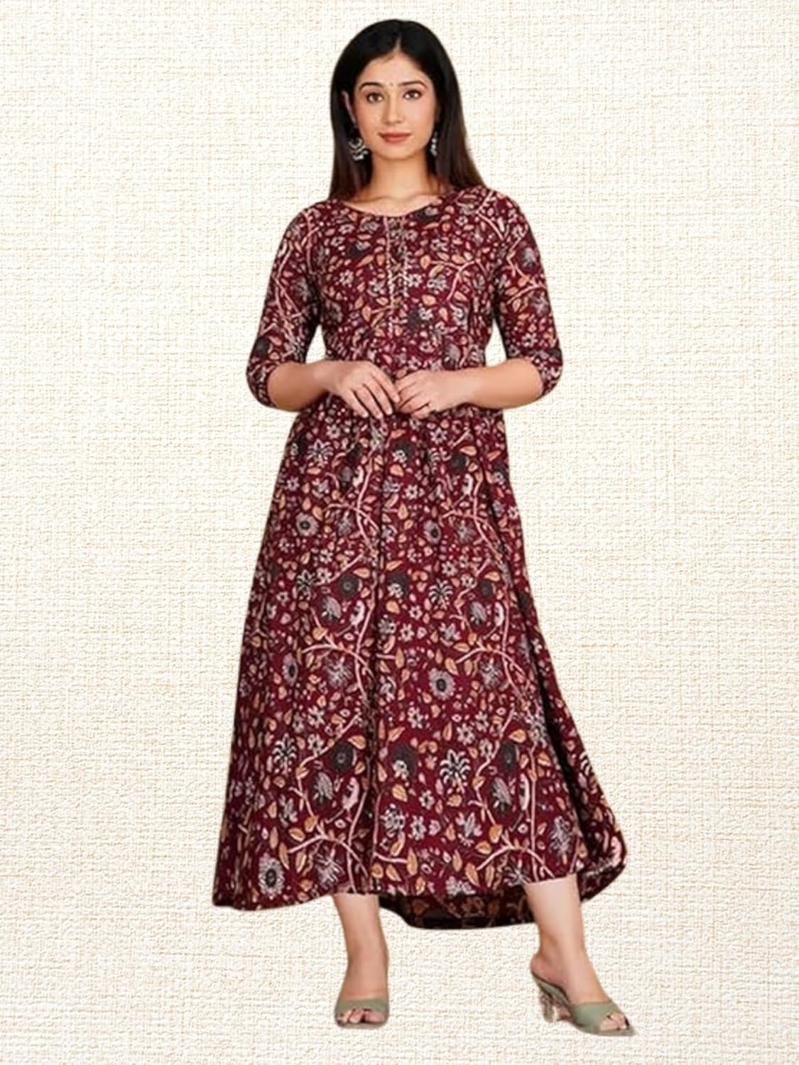 Feemel Cotton Maternity Kurti, Green Floral Print, M Size, with Feeding Chains