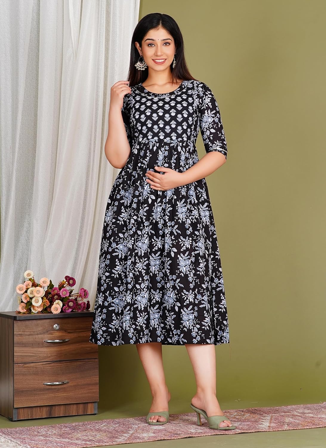 Women's Cotton Long A-Line Maternity Kurti/Anarkali Dress with Zipper, Feeding Kurti for Pre and Post Pregnancy