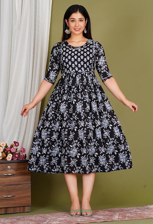 Women's Cotton Long A-Line Maternity Kurti/Anarkali Dress with Zipper, Feeding Kurti for Pre and Post Pregnancy