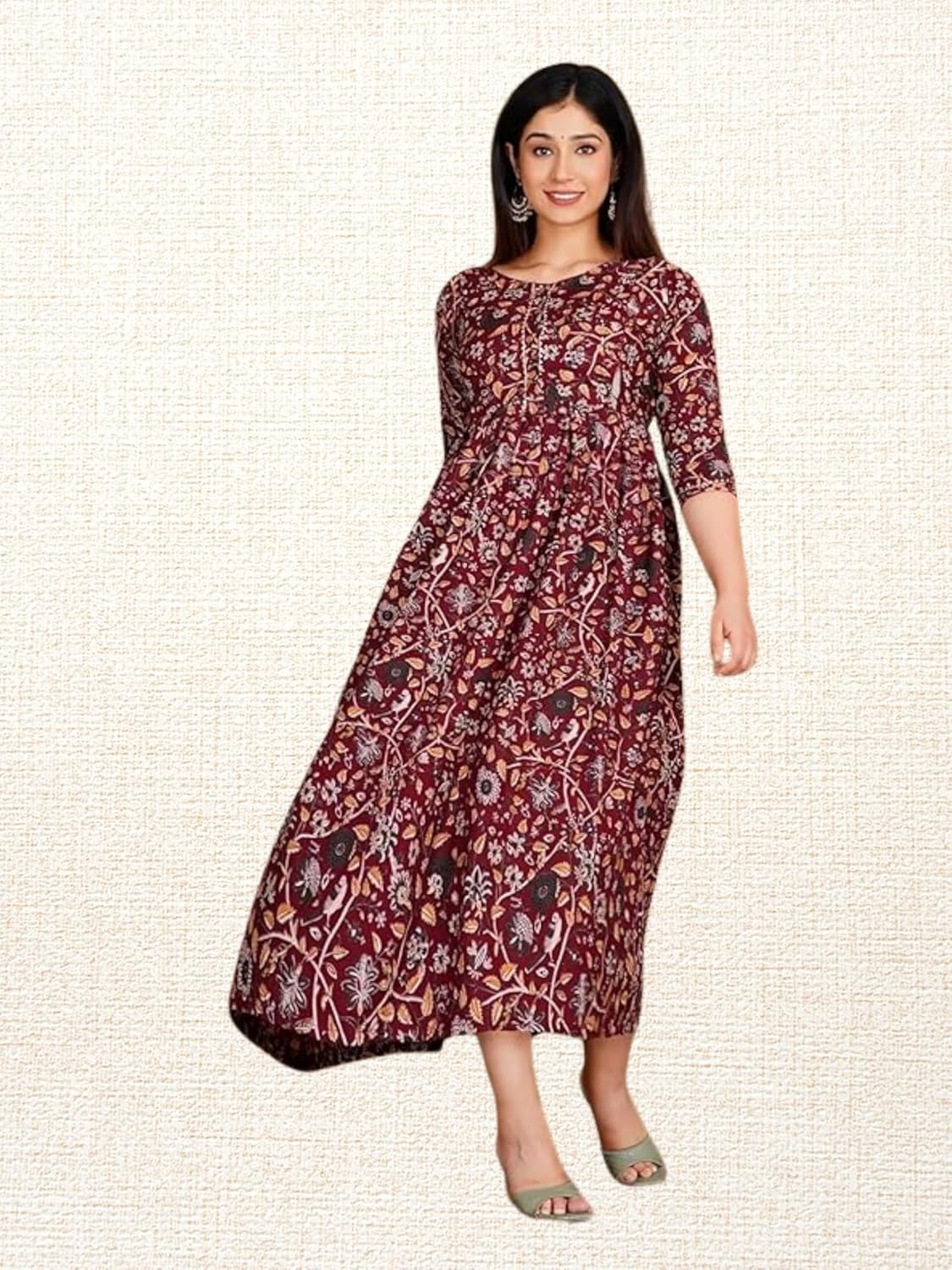 Feemel Cotton Maternity Kurti, Green Floral Print, M Size, with Feeding Chains