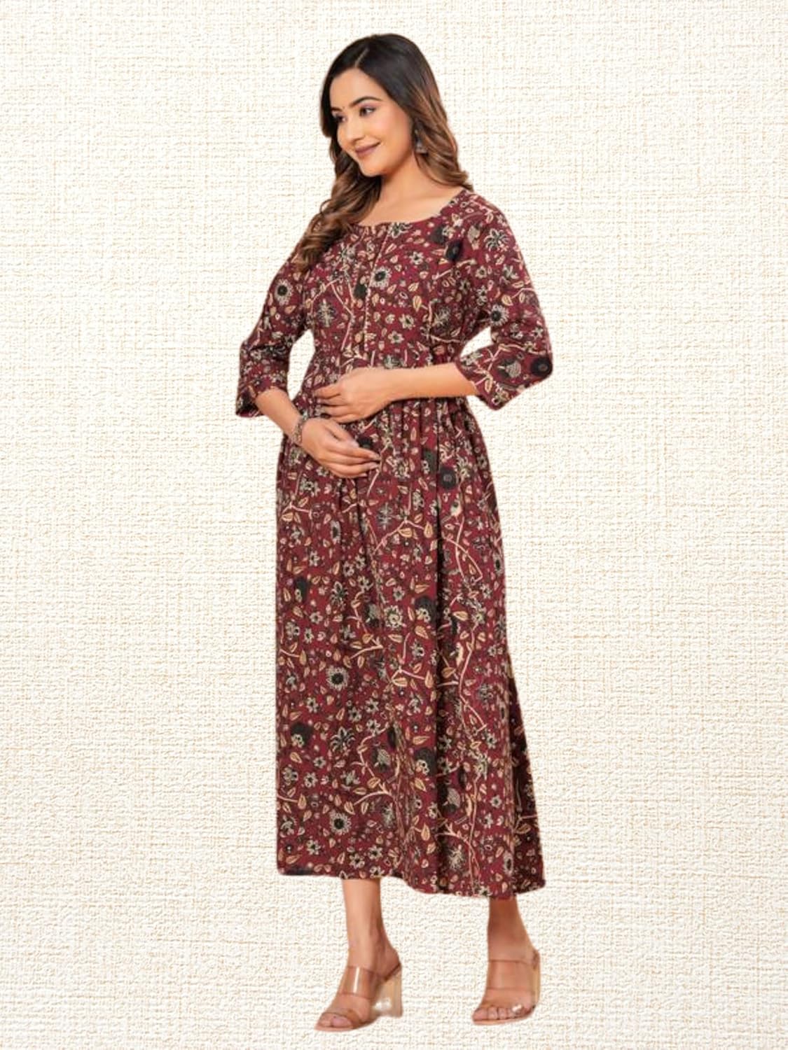 Feemel Cotton Maternity Kurti, Green Floral Print, M Size, with Feeding Chains
