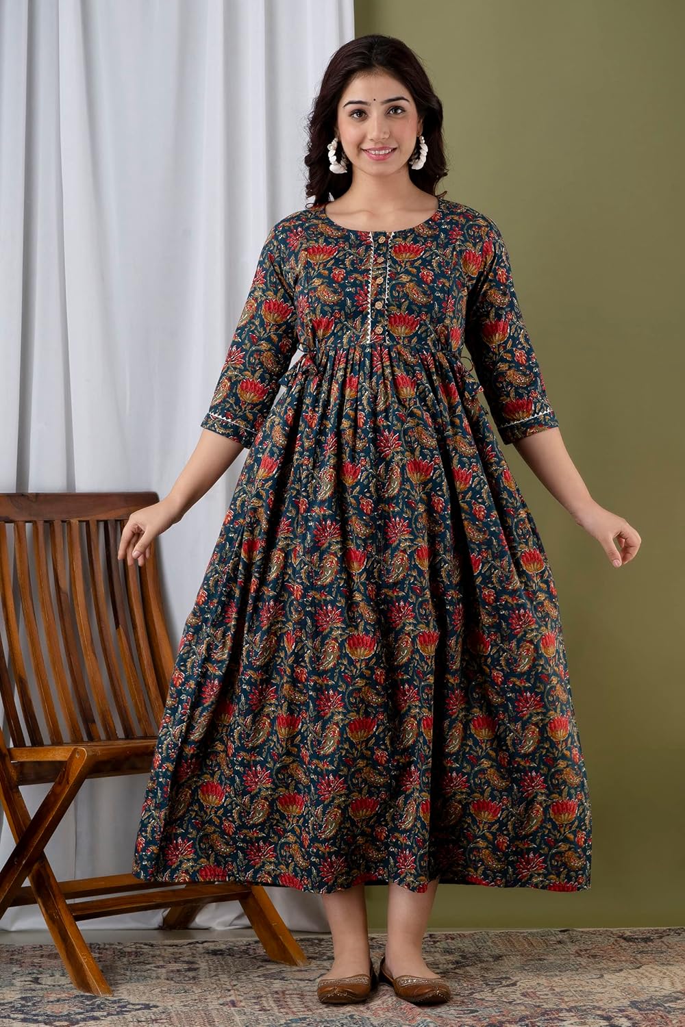 JAIPURFAME Stylish Women's Pure Cotton All Over Printed Kurti Gown, Maternity Dress, and Feeding Dress – Comfortable and Elegant Maternity Wear for Women