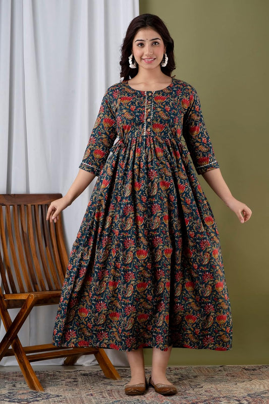 JAIPURFAME Stylish Women's Pure Cotton All Over Printed Kurti Gown, Maternity Dress, and Feeding Dress – Comfortable and Elegant Maternity Wear for Women